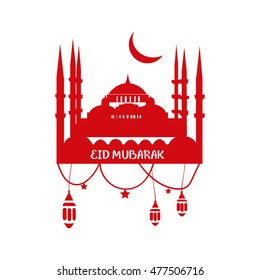 Muslim Community Greetings Card Vector Template With Blue Mosque. Istanbul. Sultan Ahmet Mosque. Eid Al Adha gift card design. 