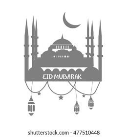 Muslim Community Greetings Card Vector Template With Mosque. Beautiful Eid Al Adha mubarak vector illustration. Silver Blue Mosque