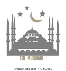 Muslim Community Greetings Card Vector Template With Mosque Silhouette. Muslim Community, Festival of Sacrifice, Eid Al-Adha Mubarak. Sacrifice Feast. Gift Card Template.