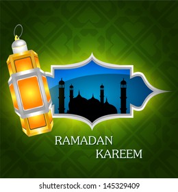 Muslim community holy month of Ramadan Kareem with illuminated lamp and view of mosque.