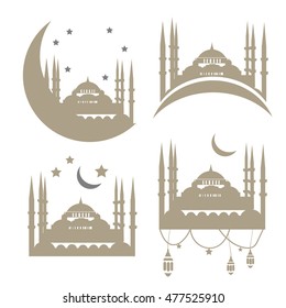 Muslim Community Vector Templates With the Mosque. Mosque with minarets Vector Set.
