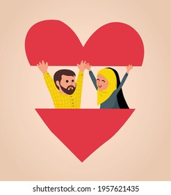 a muslim couple between heart, symbol of love  vector illustration