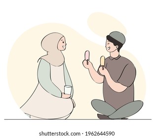 Muslim couple break their fast with ice cream. hand drawn style illustration of ramadan kareem concept