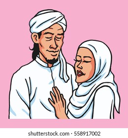 Muslim Couple Cartoon in Love Vector Illustration Outline Line Drawing Art