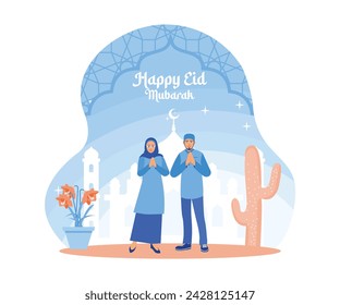 Muslim couple celebrating Ramadan. Welcoming Eid al Fitr together. Happy Eid Mubarak concept. flat vector modern illustration 