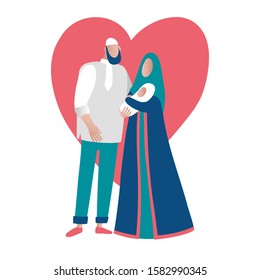Muslim couple with a child on a background of heart	