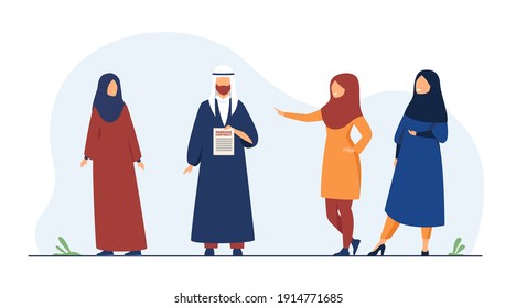 Muslimisches Ehepaar, das einen Ehevertrag schließt. Vereinbarung, Frau, Ehemann, flache Vektorgrafik. Traditions- und Beziehungskonzept für Banner, Website-Design oder Landing-Webseite