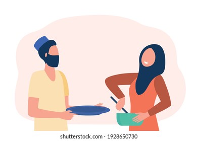 Muslim couple cooking together. Man and woman in hijab using dish and ladle. Flat vector illustration. Arabic family, kitchen, domestic chores concept for banner, website design or landing web page