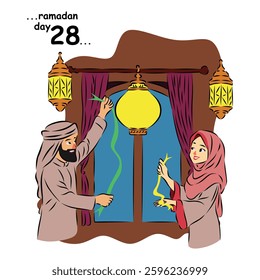 Muslim couple decorating for Eid al Fitr.