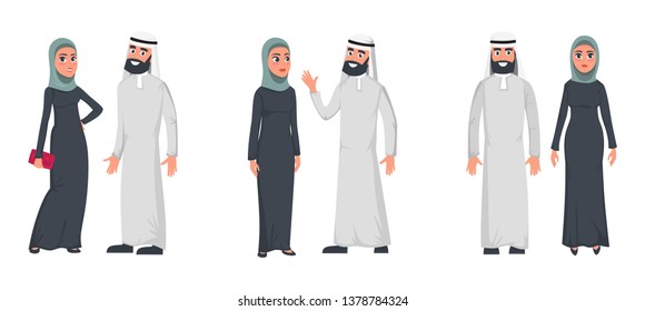 Muslim couple with different poses and emotions in flat style. Muslim family isolated on white background. Vector cartoon illustration