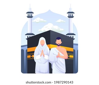 Muslim couple is doing Islamic hajj pilgrimage. Flat vector illustration