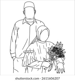 Muslim Couple with Flowers on Her Hand in Line Art