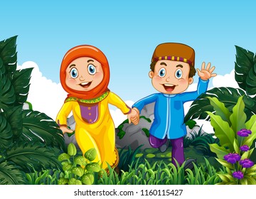 Muslim couple in the forest illustration