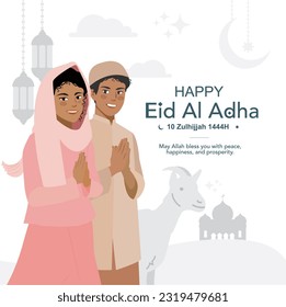 Muslim couple greetings for Idul adha with goat background 