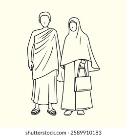 Muslim Couple in Hajj Attire. Thin line illustration.