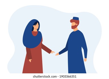 Muslim couple holding hands. Arabic wedding, dating, married couple. Flat vector illustration. Arab people, culture, romantic relationship concept for banner, website design or landing web page