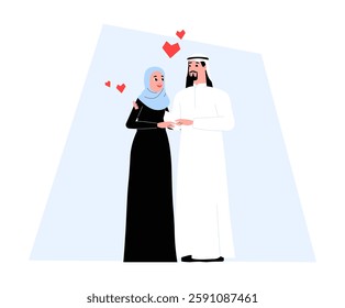Muslim Couple Holding Hands In Flat Vector Illustration Symbolizing Love, Relationship, And Cultural Romance, Isolated On White Background