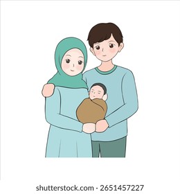 Muslim couple holding newborn baby illustration vector