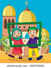 Muslim couple holding photo frame in front of mosque illustration