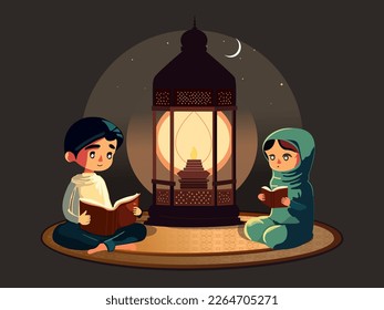 Muslim Couple Kids Characters Reading Religious Book With Burning Lantern At Crescent Moon Night. Islamic Festival Of Eid Or Ramadan Concept.