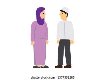 Muslim couple looking at each other. Cartoon flat vector illustration.