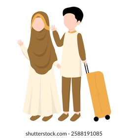 Muslim Couple with Luggage for Holiday. Muslim Going Mudik Traveling for Eid Mubarak