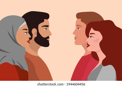 A  Muslim couple of men and women opposite Europeans. People of different nationalities, faiths, and appearance. A girl in a hijab. The concept of friendship, love, and tolerance in the world. Vector.