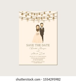 Muslim Couple Portrait Wedding Invitation - Walima Nikah Save The Date Template