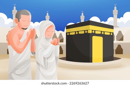 Muslim couple pray in front of kaaba Islamic Hajj or Umrah Pilgrimage Wearing White Ihram Clothes