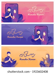 Muslim couple praying to Allah during time ramadan month vector flat illustration