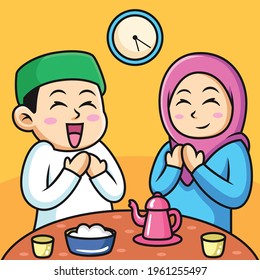 Muslim Couple Praying to Allah during Iftar time, Fasting Break in Ramadan Month. Vector Icon Illustration