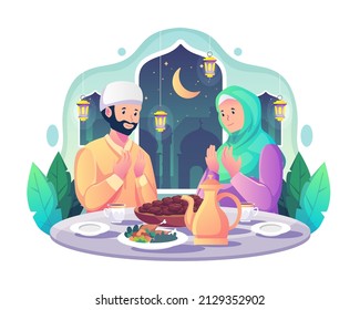 Muslim couple praying before having iftar after fasting during Ramadan Kareem Mubarak. food and dates on the table. Flat style vector illustration