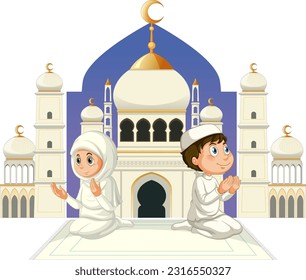 Muslim Couple Praying Cartoon Character illustration