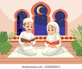 Muslim Couple Praying Cartoon Character illustration