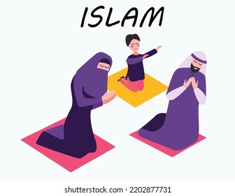 muslim couple praying character illustration on white isolated background.