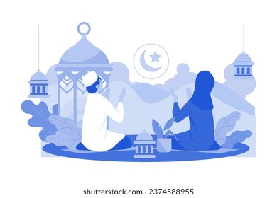 Muslim Couple Praying On Night Ramadan
