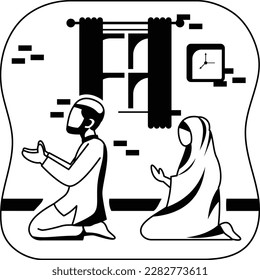 Muslim Couple Praying Salat together, husband and wife, woman and man ibadah together in jamaah concept vector icon Design, Ramazan Eid al-Fitr Symbol, Islamic and Muslim fasting Sign Arabic holidays