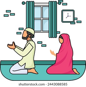 Muslim Couple Praying Salat together, husband and wife, woman and man ibadah together in jamaah concept vector Design, Ramadan Eid al-Fitr Symbol, Islamic and Muslim fasting Sign Arabic holidays