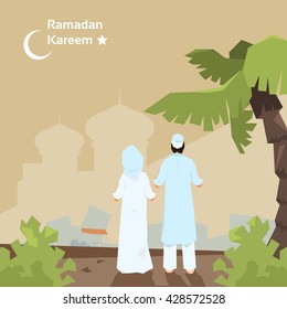 Muslim Couple Ramadan Kareem Mosque Religion Holy Month Vector Illustration