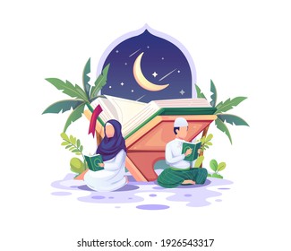 Muslim couple reading and studying the Quran during Ramadan Kareem holy Month vector illustration