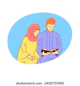 Muslim couple reading and studying the Quran during Ramadan Kareem holy Month vector illustration