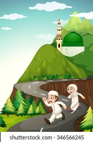 Muslim couple running down the road illustration