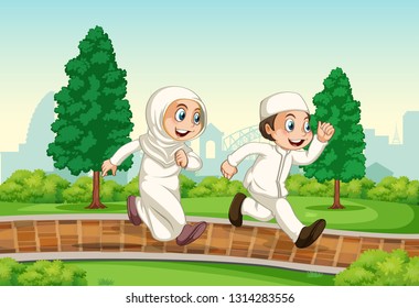 A muslim couple running in the park illustration