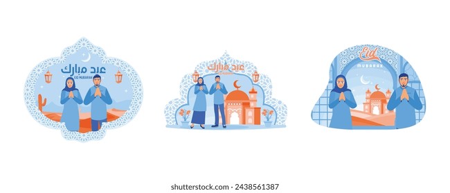 Muslim couple saying Eid al-Fitr greetings. Standing with mosque decorations and lanterns. Forgive each other during Eid. Happy Eid Mubarak concept. Set flat vector illustration.