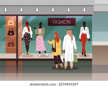 Muslim couple shopping. Arabian spouses at shop window, fashionable clothes choice, family looking at dress and trendy accessories in mall, cartoon flat characters, tidy vector concept