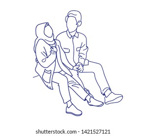 muslim couple are sitting and looking at each other and holing their hands together, sketch , line art vector