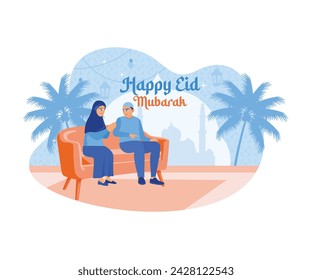  Muslim couple sitting on the sofa inside the house. Welcoming and celebrating Eid al Fitr happily. Happy Eid Mubarak concept. flat vector modern illustration 