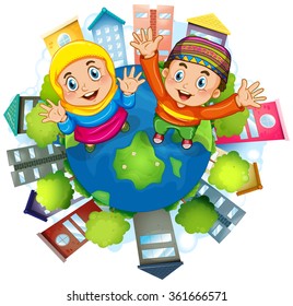 Muslim couple staning on earth illustration