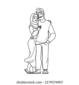 vector de pareja musulmana. mujer árabe, hijab, mujer joven de la familia marido personaje de pareja musulmana. ilustración vectorial de dibujo de línea negra