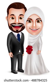 Muslim couple vector characters as bride and groom wearing white wedding dress holding bouquet standing side by side isolated in white background. Vector illustration.
